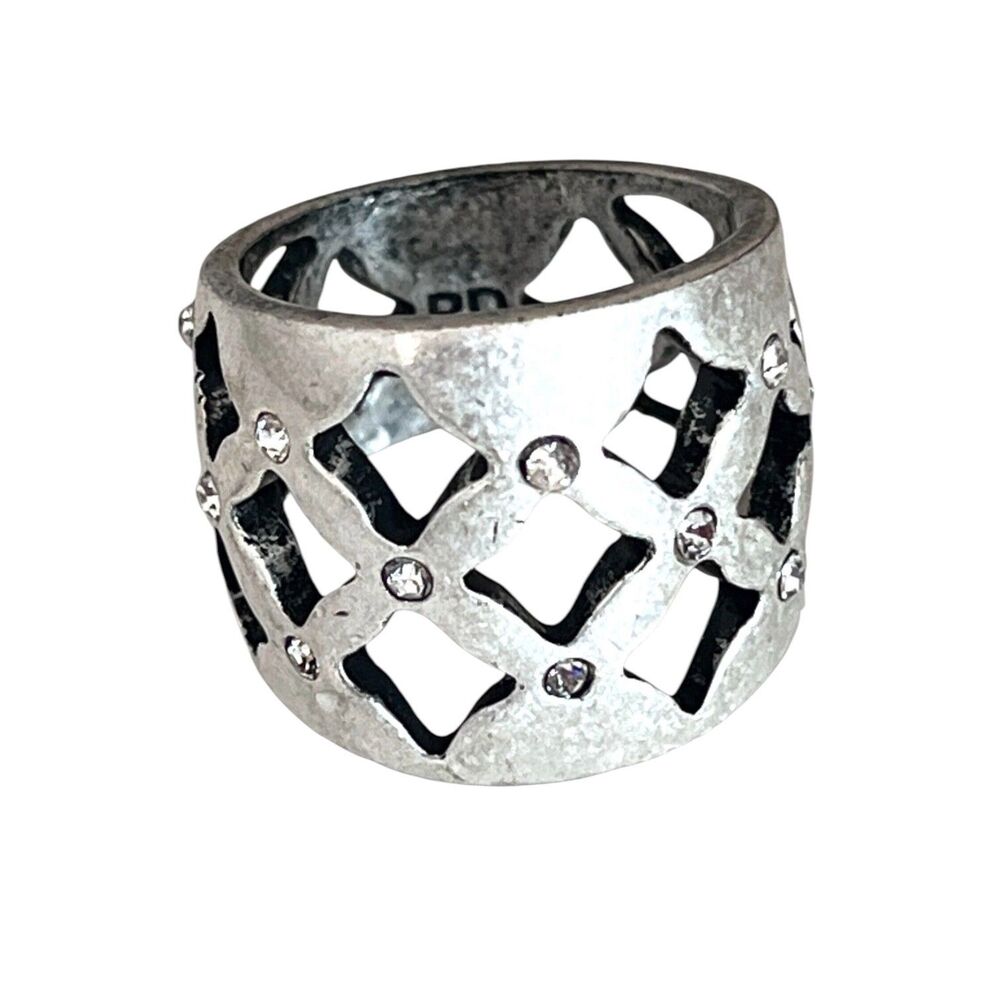 New Premier Designs Wide Band Ring Size 9 Openwork Crystal Silver Tone - 2N